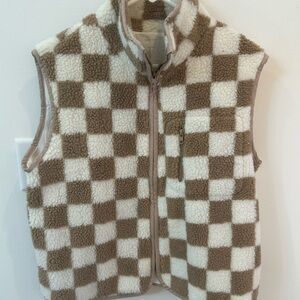 Brown and Cream Checkered Fleece Vest